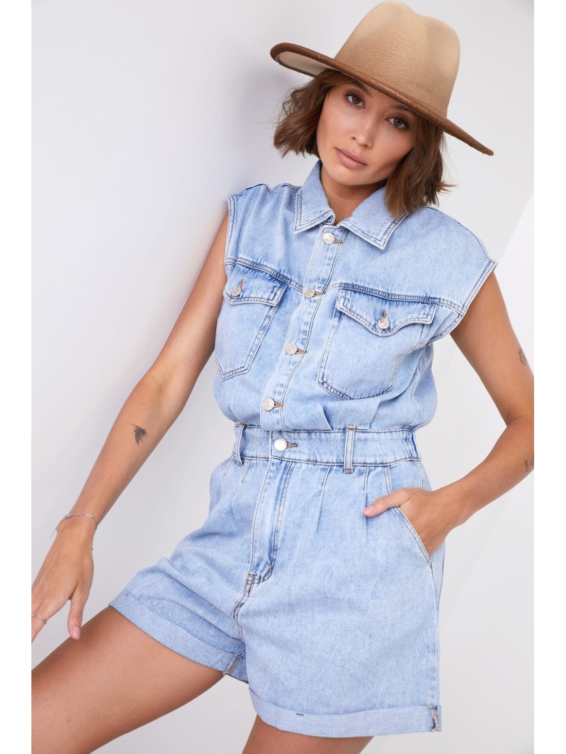 Short denim jumpsuit with collar 01630 - Online store - Boutique